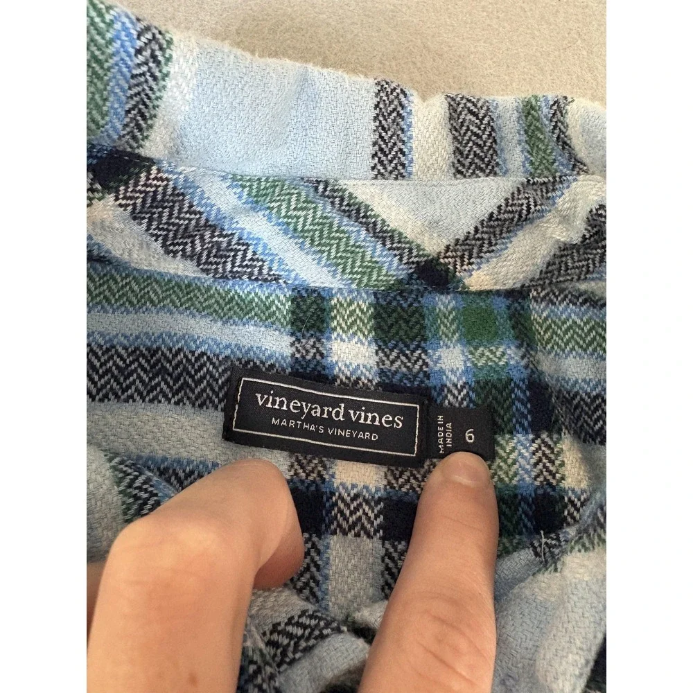 Vineyard Vines Shirt Boys Size 6 Blue Green Plaid Button Down Cotton Long Sleeve